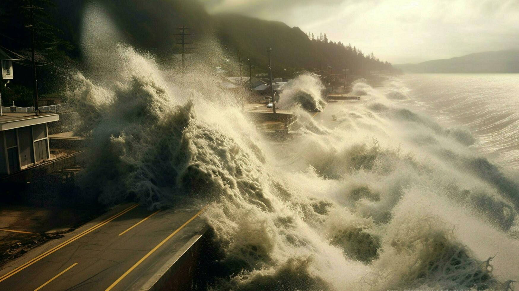 tsunami vagues crash sur rive et violation côtier photo