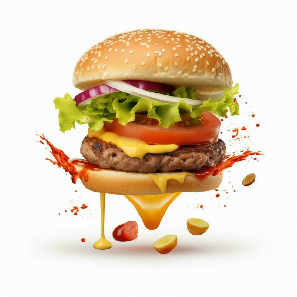 réaliste Burger avec en volant Ingrédients isolé photo