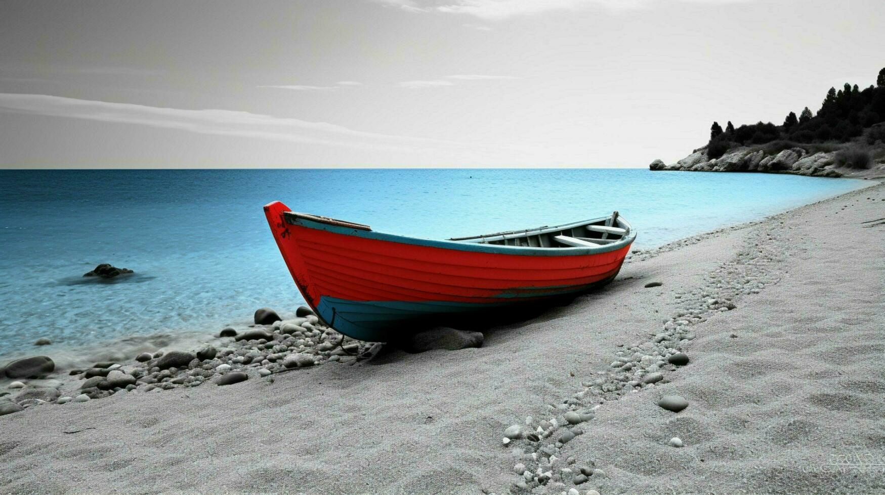 blanc et noir paysage marin avec une coloré bateau mini photo