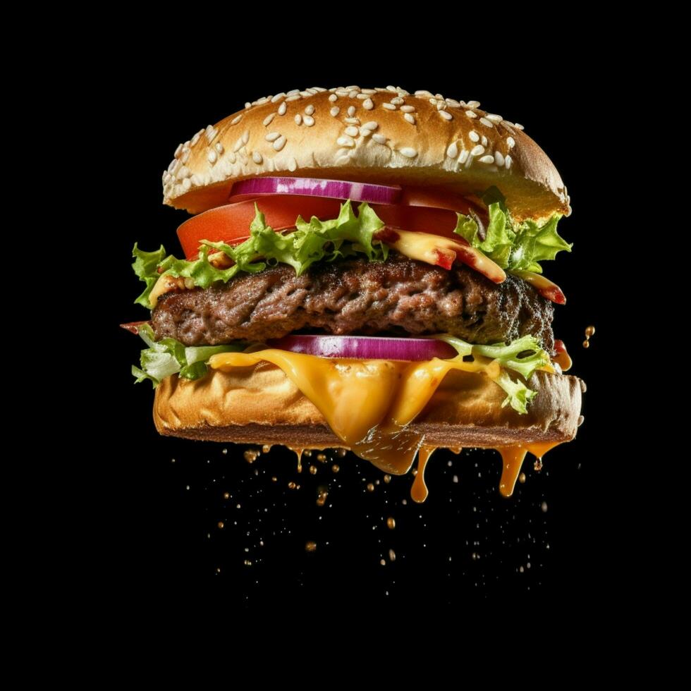 Frais couches de Burger sandwich en volant dans le air photo