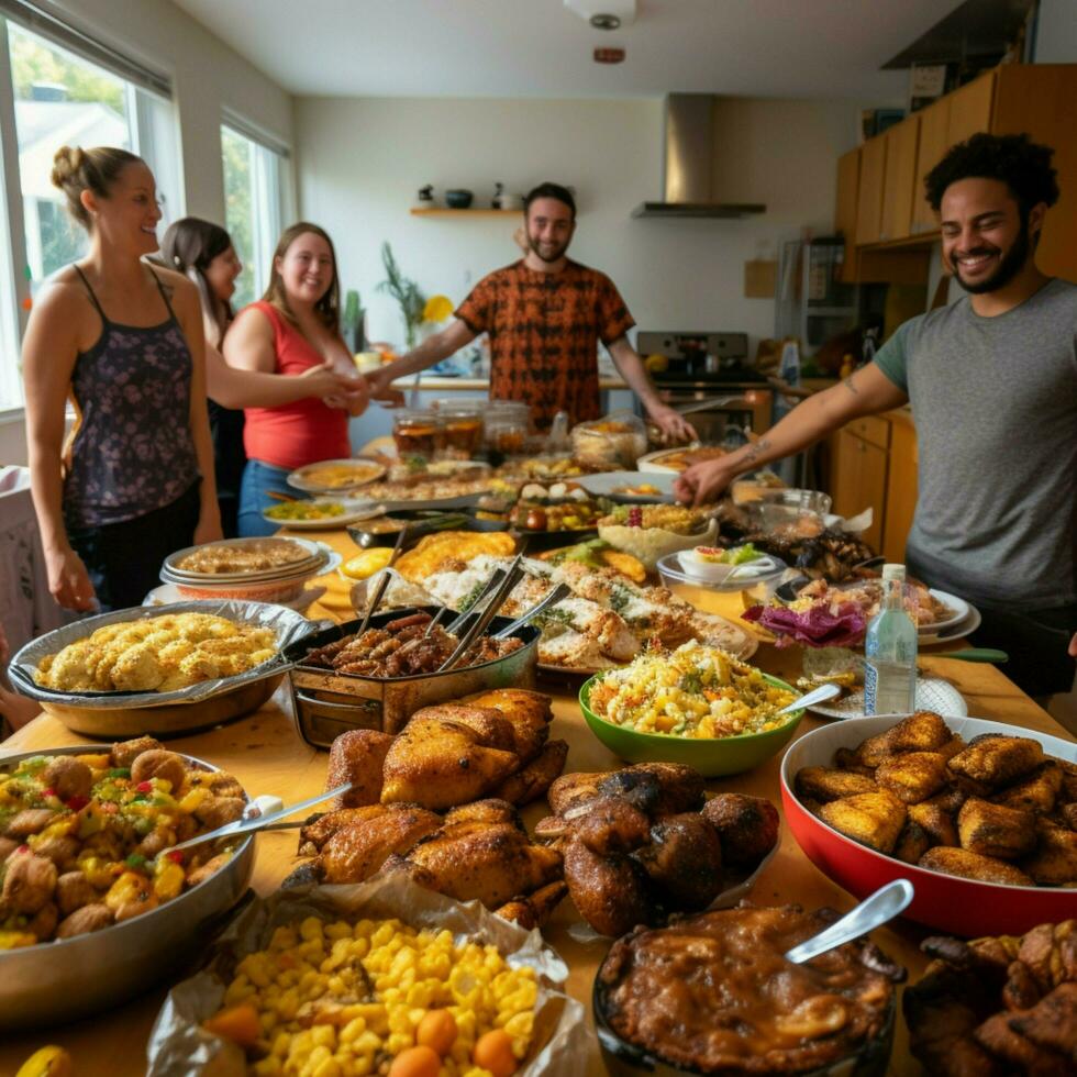 une communauté potluck avec une variété de vaisselle photo