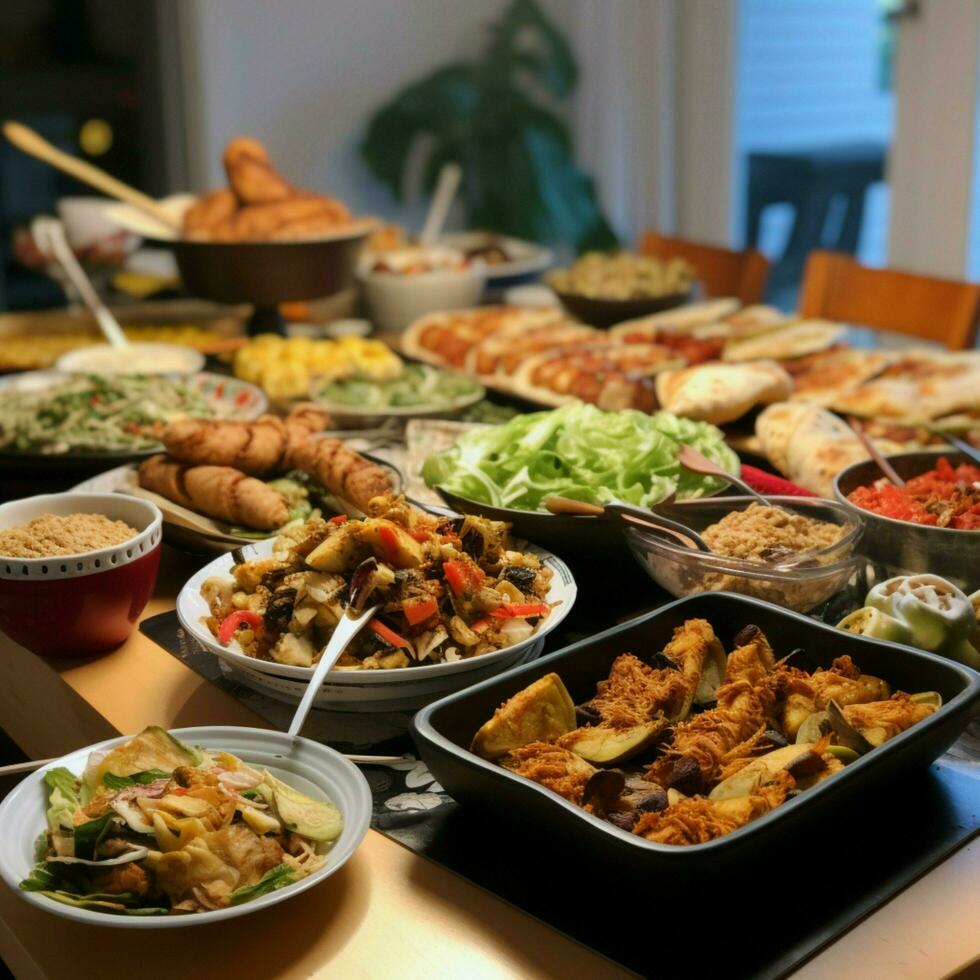 une communauté potluck avec une variété de vaisselle photo