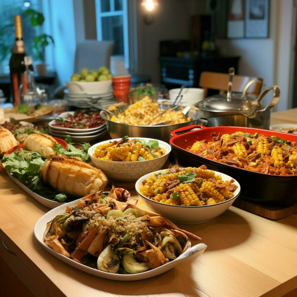 une communauté potluck avec une variété de vaisselle photo