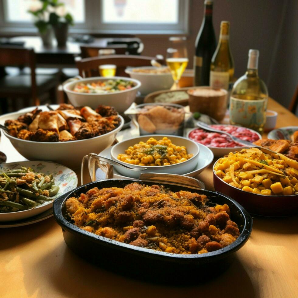 une communauté potluck avec une variété de vaisselle photo