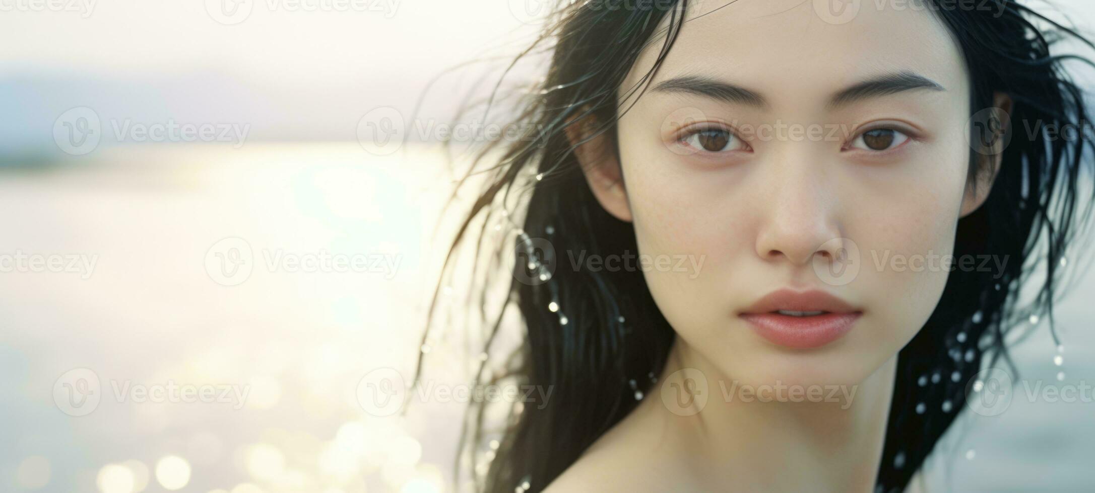 magnifique Jeune asiatique femme avec nettoyer Frais peau se soucier, faciale traitement, beauté et spa, ai photo