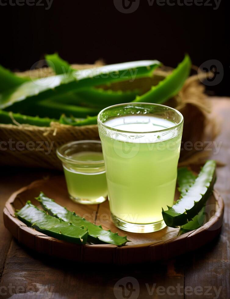 photo de certains aloès Vera boisson boisson élégamment plaqué sur une tableau. génératif ai