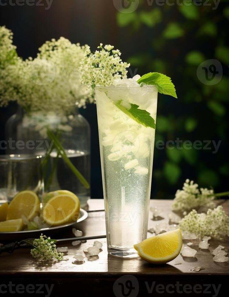 photo de certains fleur de sureau spritzer boisson élégamment plaqué sur une tableau. génératif ai