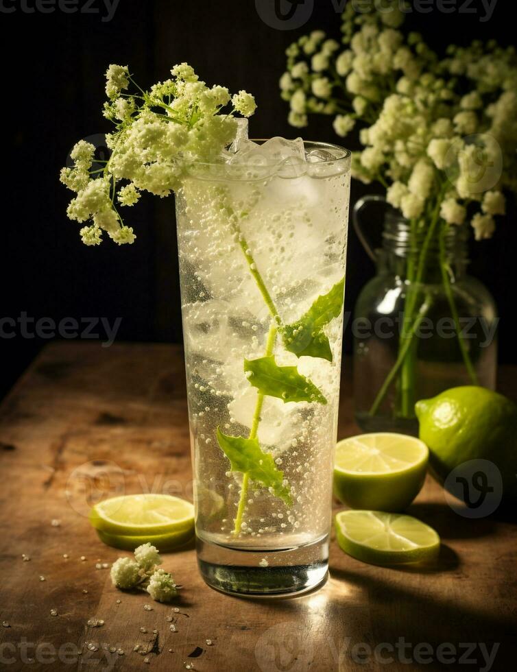 photo de certains fleur de sureau spritzer boisson élégamment plaqué sur une tableau. génératif ai