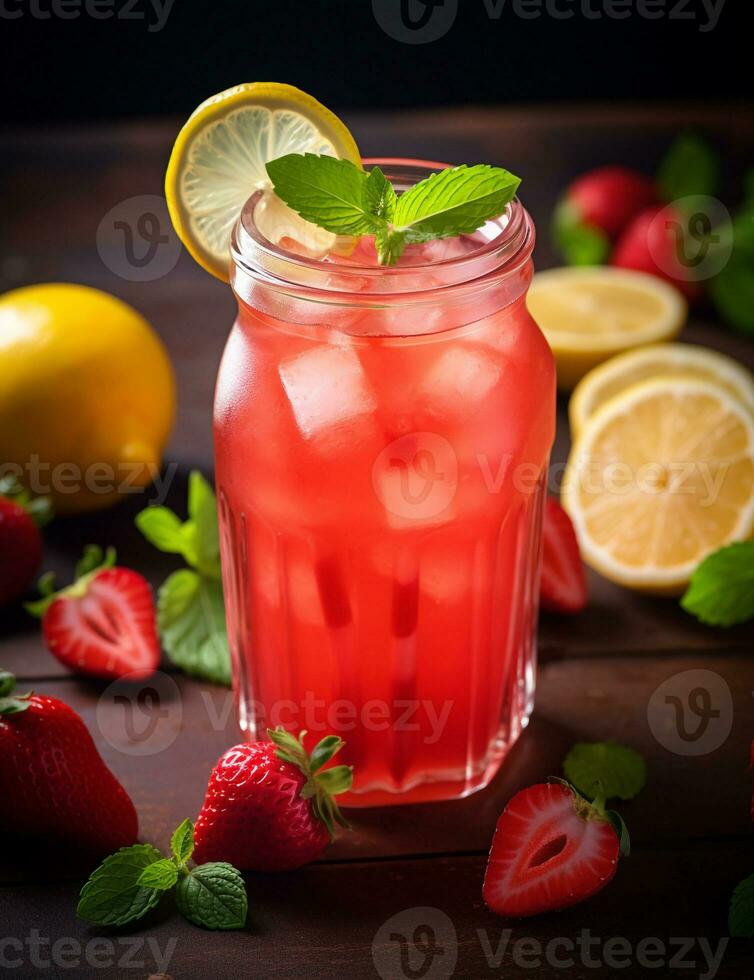 photo de certains fraise limonade boisson élégamment plaqué sur une tableau. génératif ai