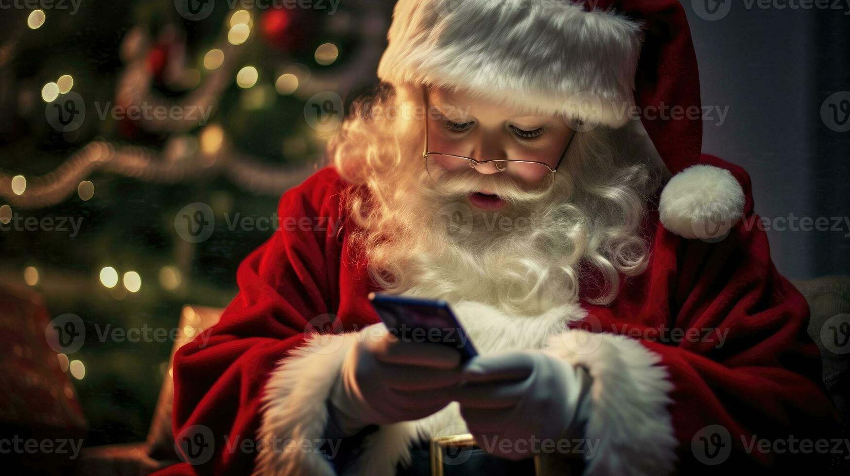 Père Noël claus en portant une téléphone. génératif ai photo