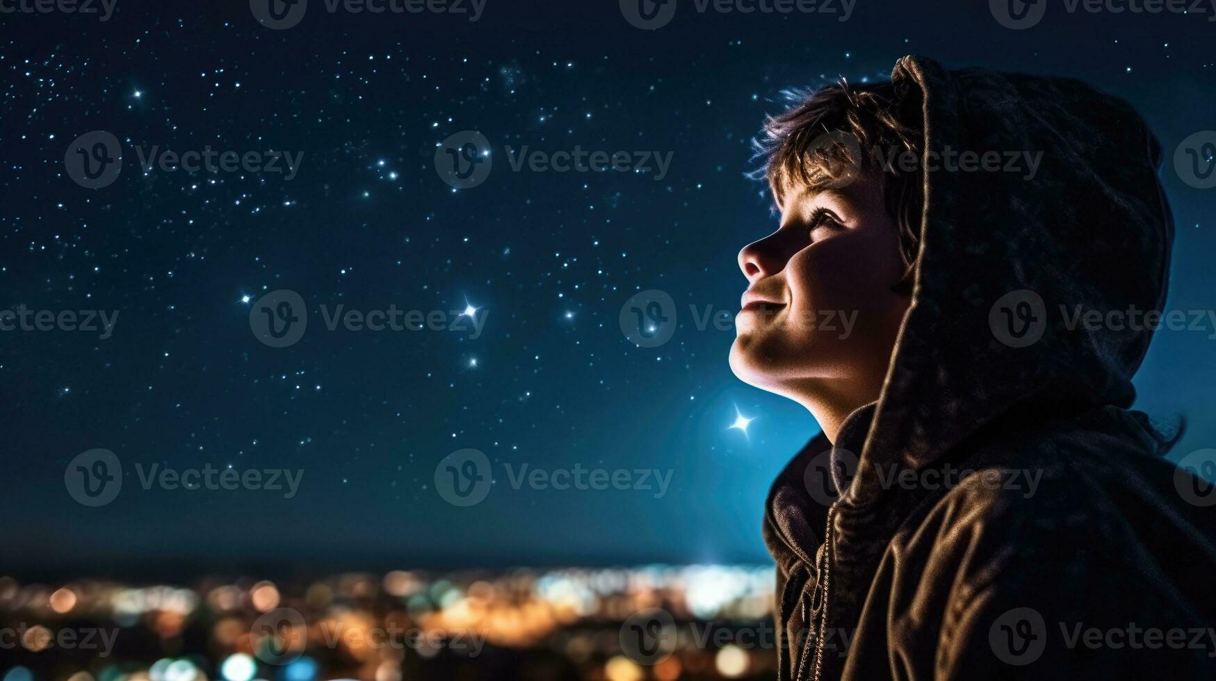une enfant étonnant moment comme il regards à le univers sur une éclairé par la lune nuit. génératif ai photo