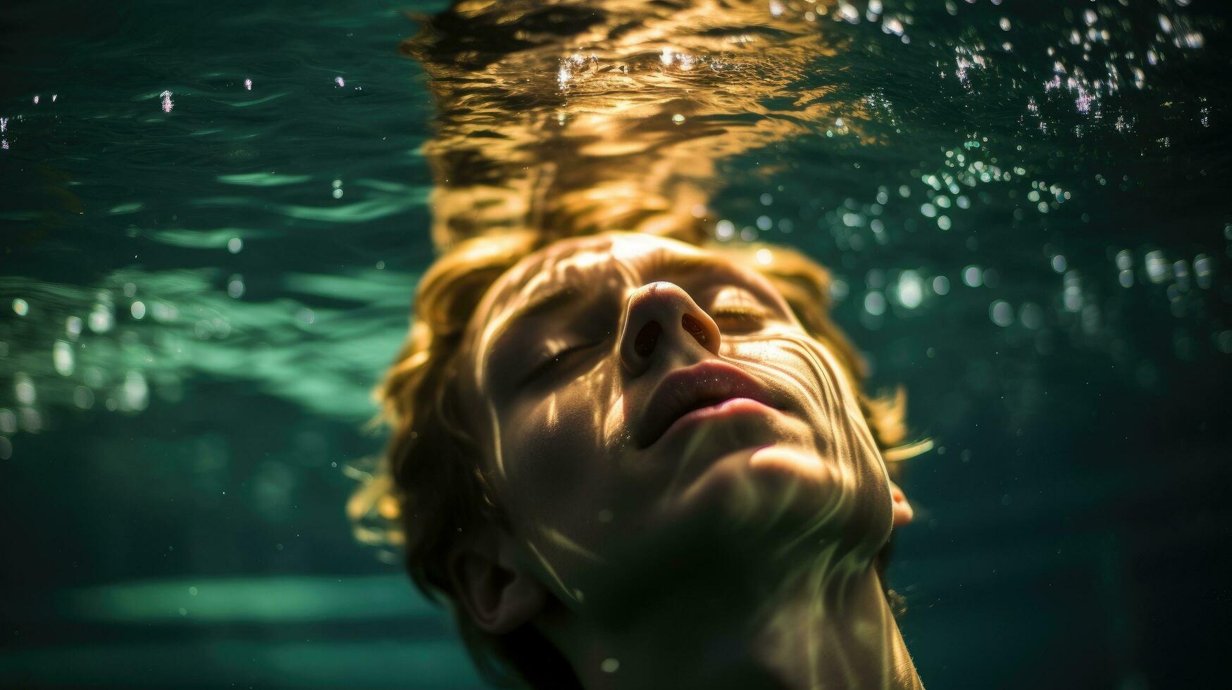 une femelle nageur plongée dans le profondeurs de une bassin avec sa yeux fermé. génératif ai photo