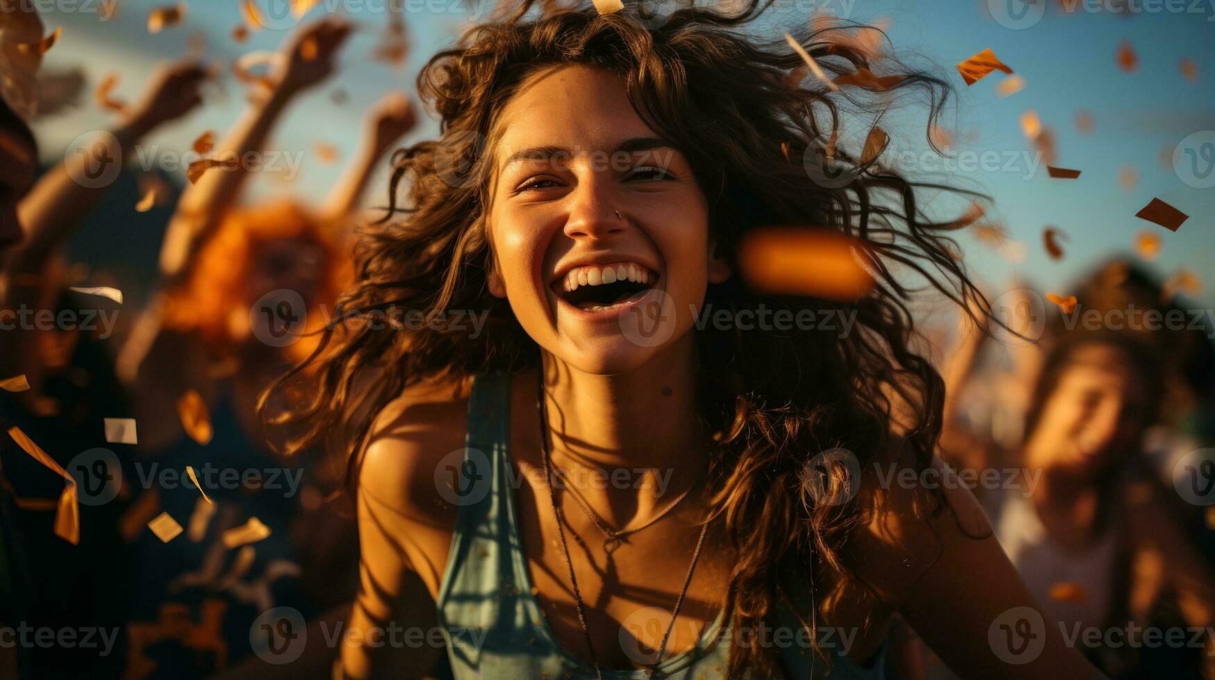 copains célébrer avec confettis sur le plage. génératif ai photo