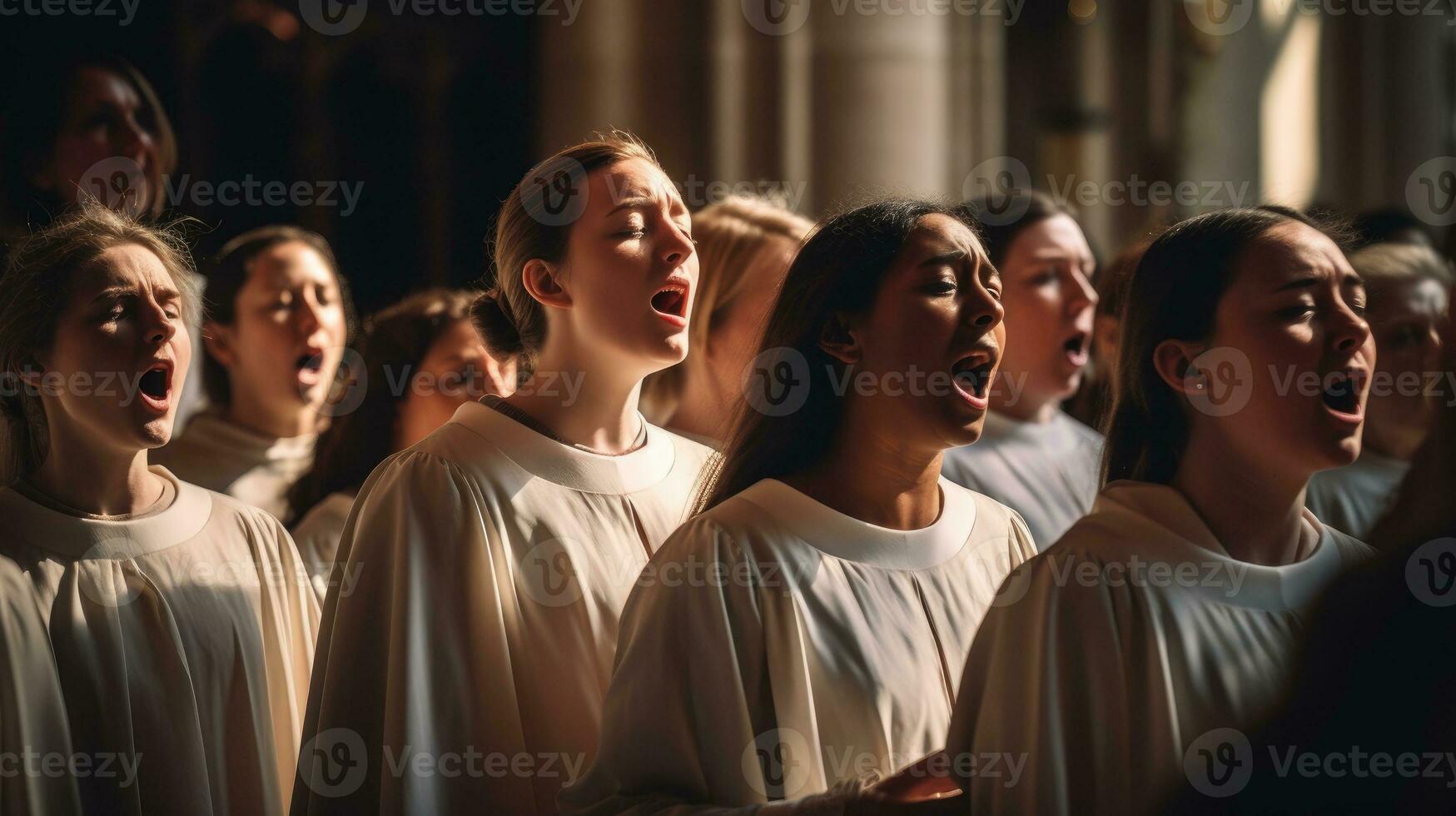 une chorale en chantant pendant Pâques un service dans une historique église. génératif ai photo