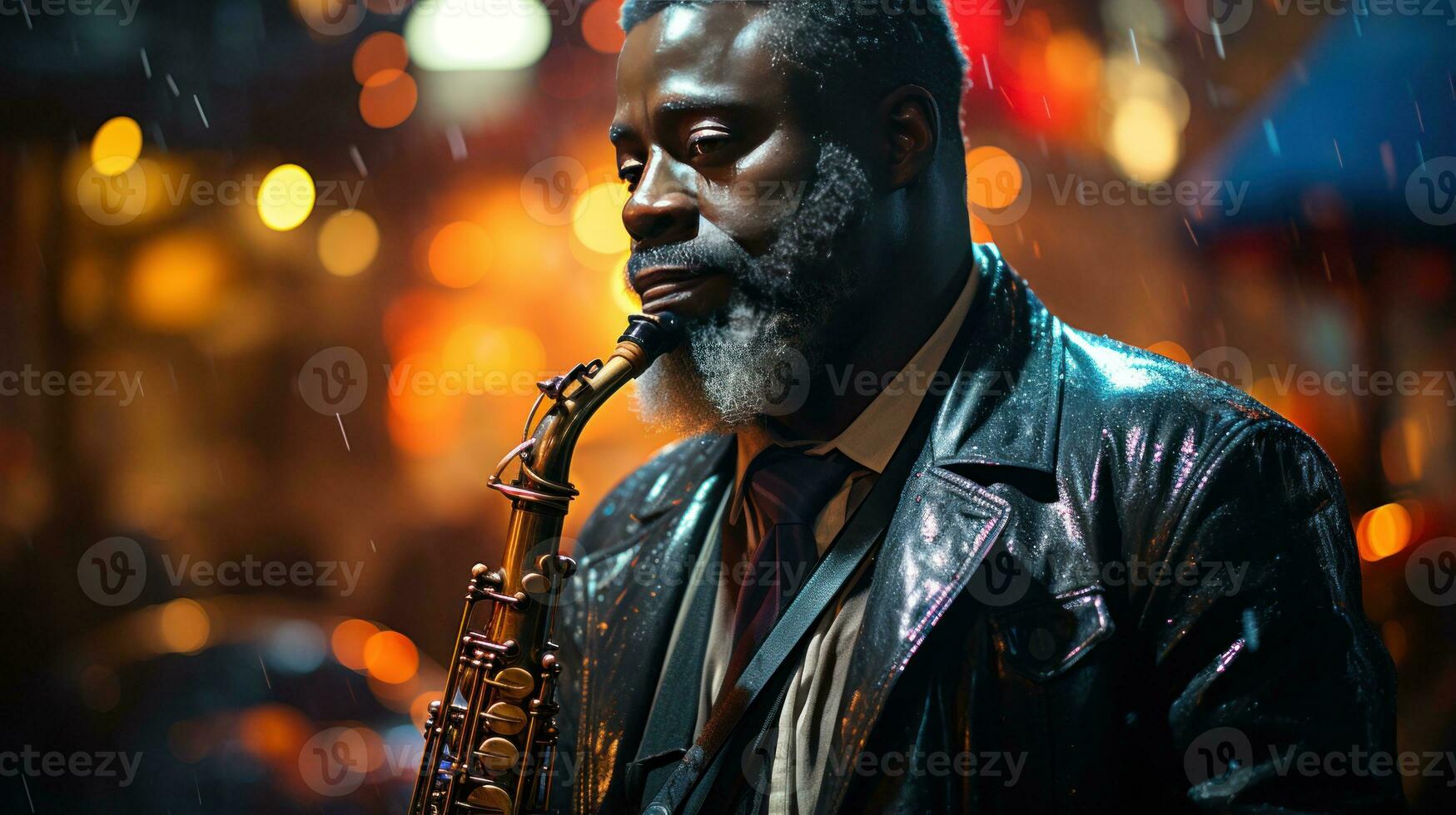 une musicien en jouant le saxophone sur une pluvieux ville rue. génératif ai photo