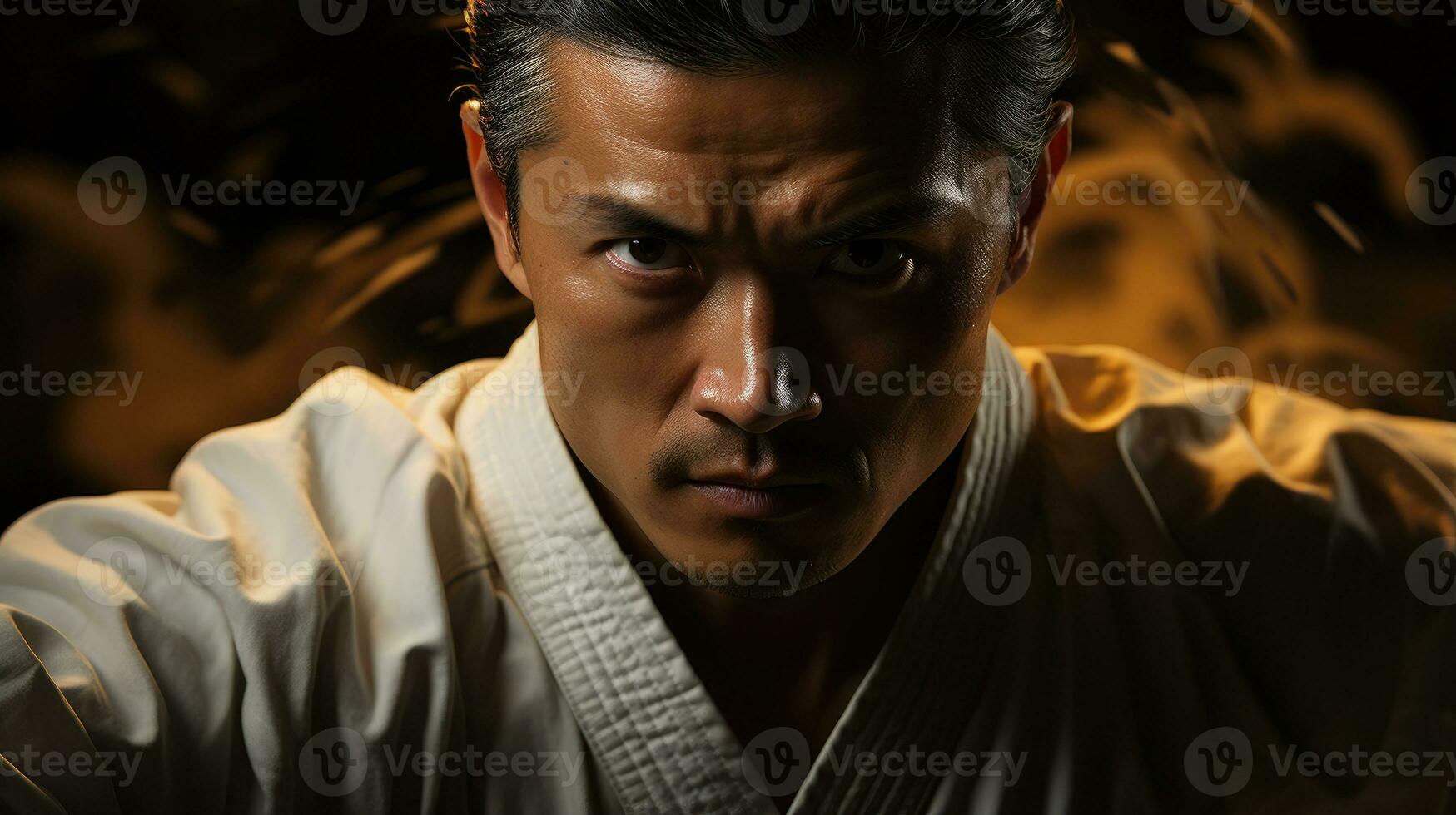 le visage de une martial artiste qui capture le essence de dévouement et la maîtrise tandis que pratiquant kata à le dojo. génératif ai photo