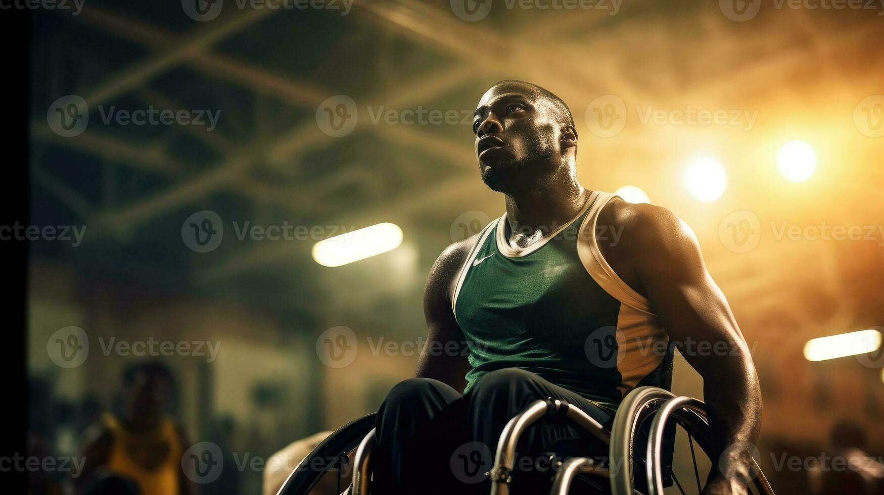 en fauteuil roulant athlète en train de préparer à train pour une basketball jeu. photo