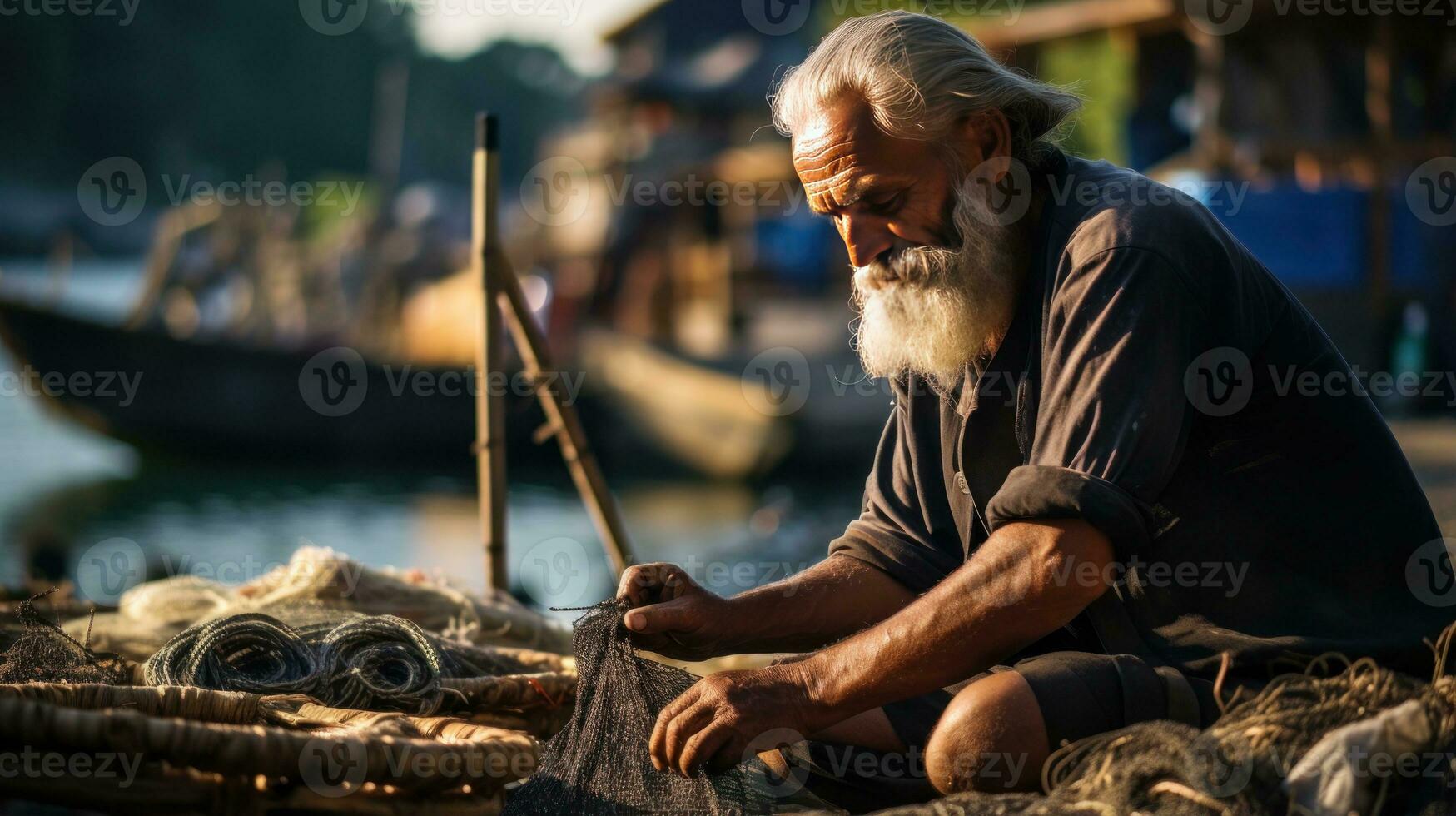 pêcheur raccommodage le sien filets dans une bord de mer ville. génératif ai photo