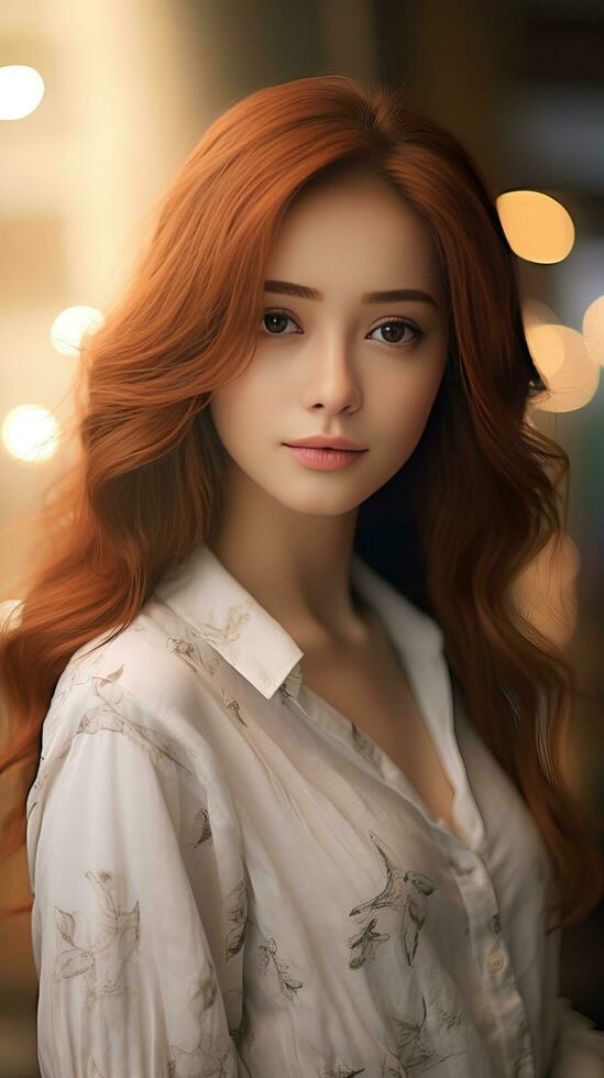 magnifique asiatique fille avec rouge cheveux. génératif ai photo