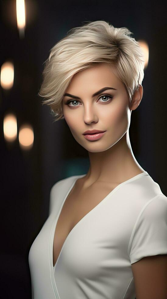 portrait de une magnifique femme avec court cheveux. génératif ai photo