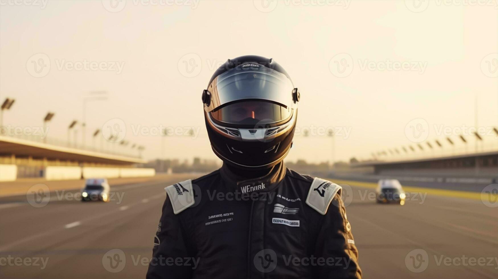 fermer vue de Jeune voiture coureur homme porter une casque et supporter dans route photo