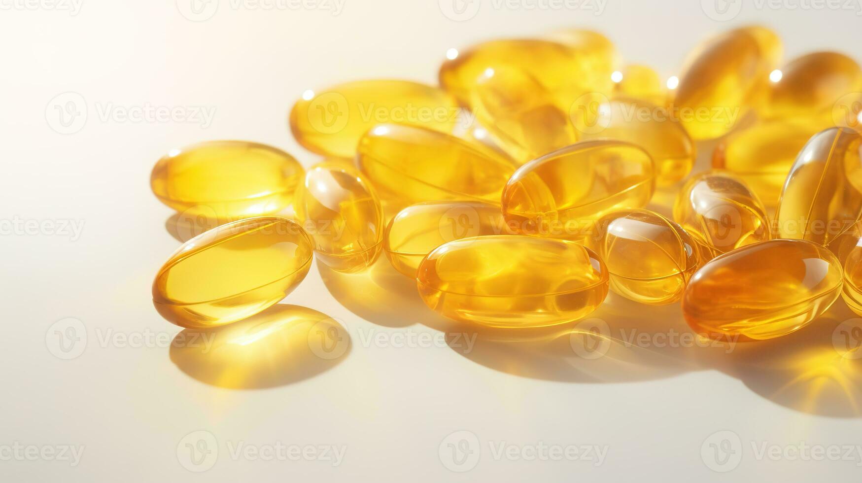 transparent Jaune vitamines sur une lumière Contexte. vitamine d, oméga 3, oméga 6, nourriture supplément pétrole rempli poisson huile, vitamine un, vitamine e, La graine de lin huile. photo