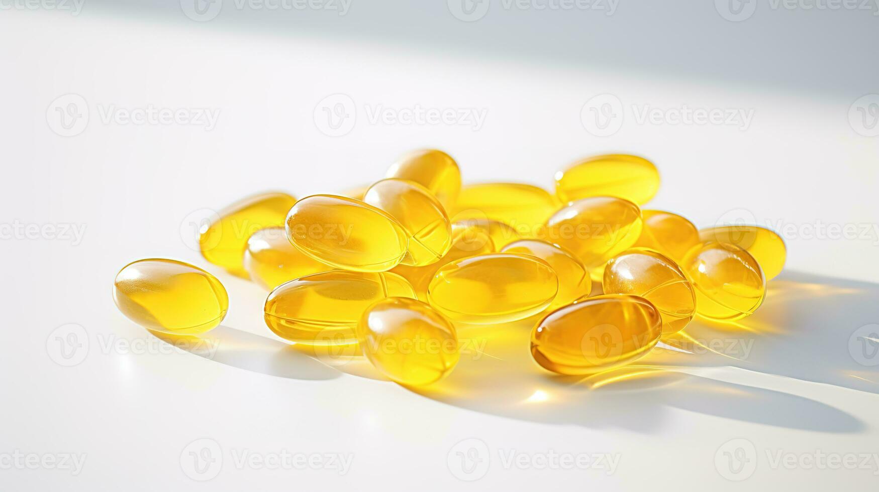 transparent Jaune vitamines sur une lumière Contexte. vitamine d, oméga 3, oméga 6, nourriture supplément pétrole rempli poisson huile, vitamine un, vitamine e, La graine de lin huile. photo