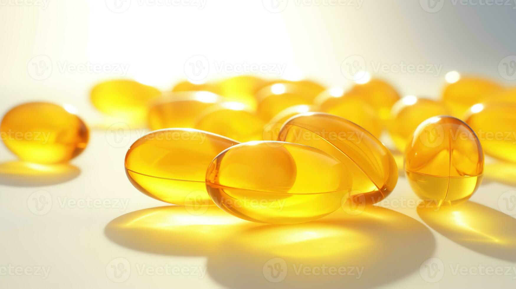 transparent Jaune vitamines sur une lumière Contexte. vitamine d, oméga 3, oméga 6, nourriture supplément pétrole rempli poisson huile, vitamine un, vitamine e, La graine de lin huile. photo