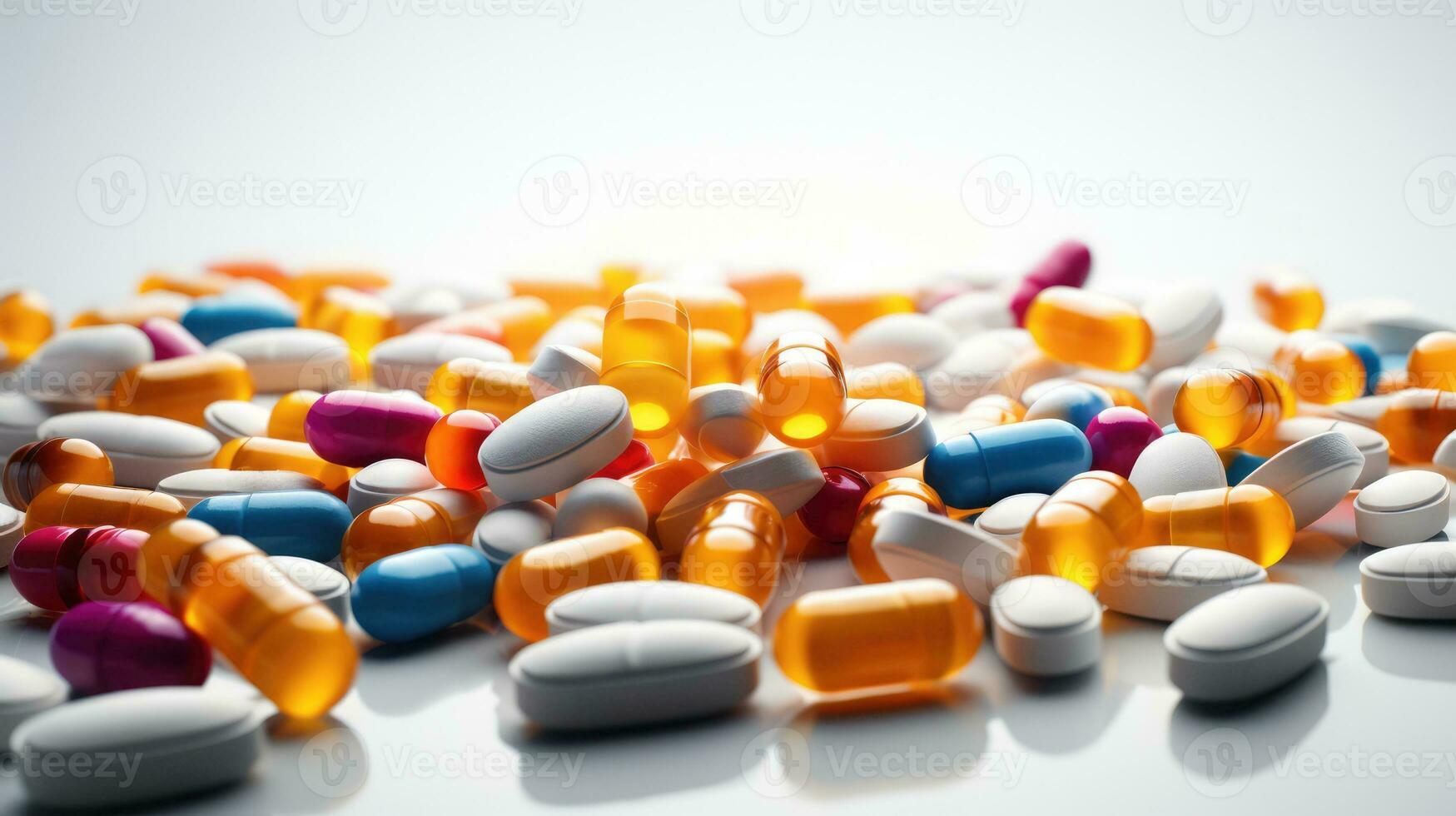 tas de médicament coloré pilules et capsules blanc Contexte photo