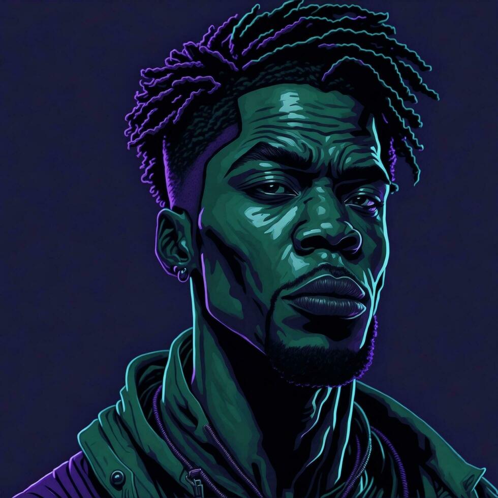 noir rappeur illustration avec bichromie style, violet et vert couleur, ai génératif photo