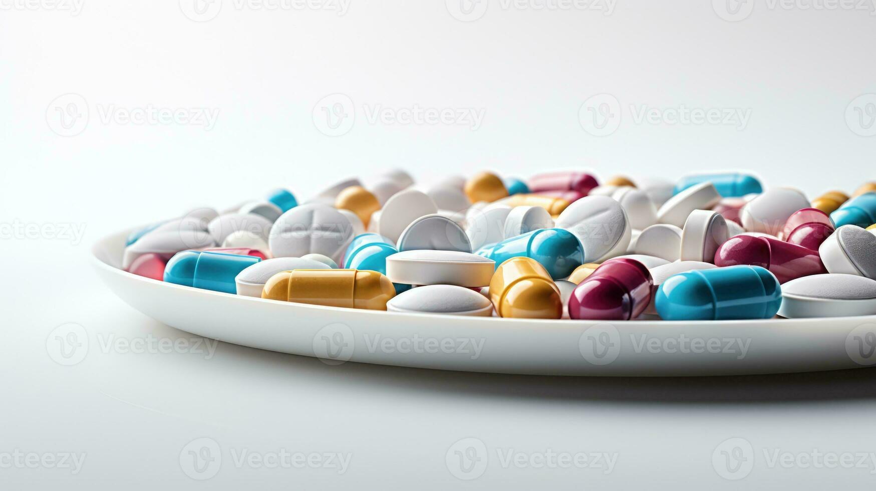 une pile de coloré pilules et capsules est arrangé sur une blanc plaque, ensemble contre une blanc Contexte. photo