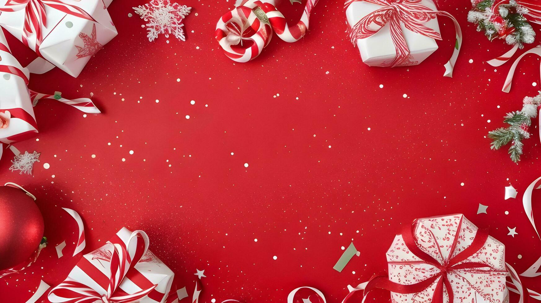 une rouge joyeux Noël Contexte avec confettis dans divers inspiré des vacances formes, tel comme ornements et bonbons cannes photo