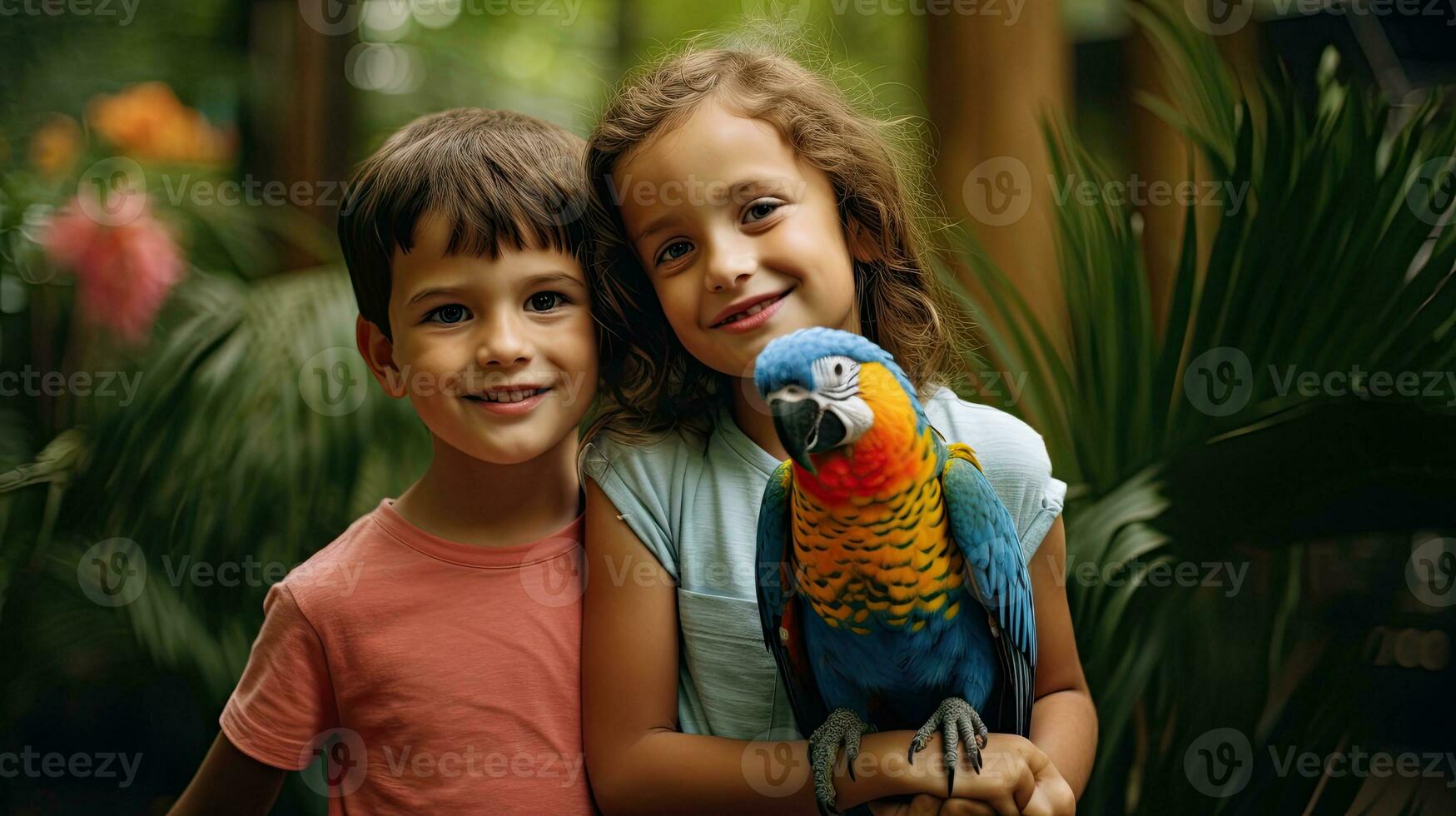 portrait des gamins avec perroquet dans le zoo avec lumière exposition ai génératif photo
