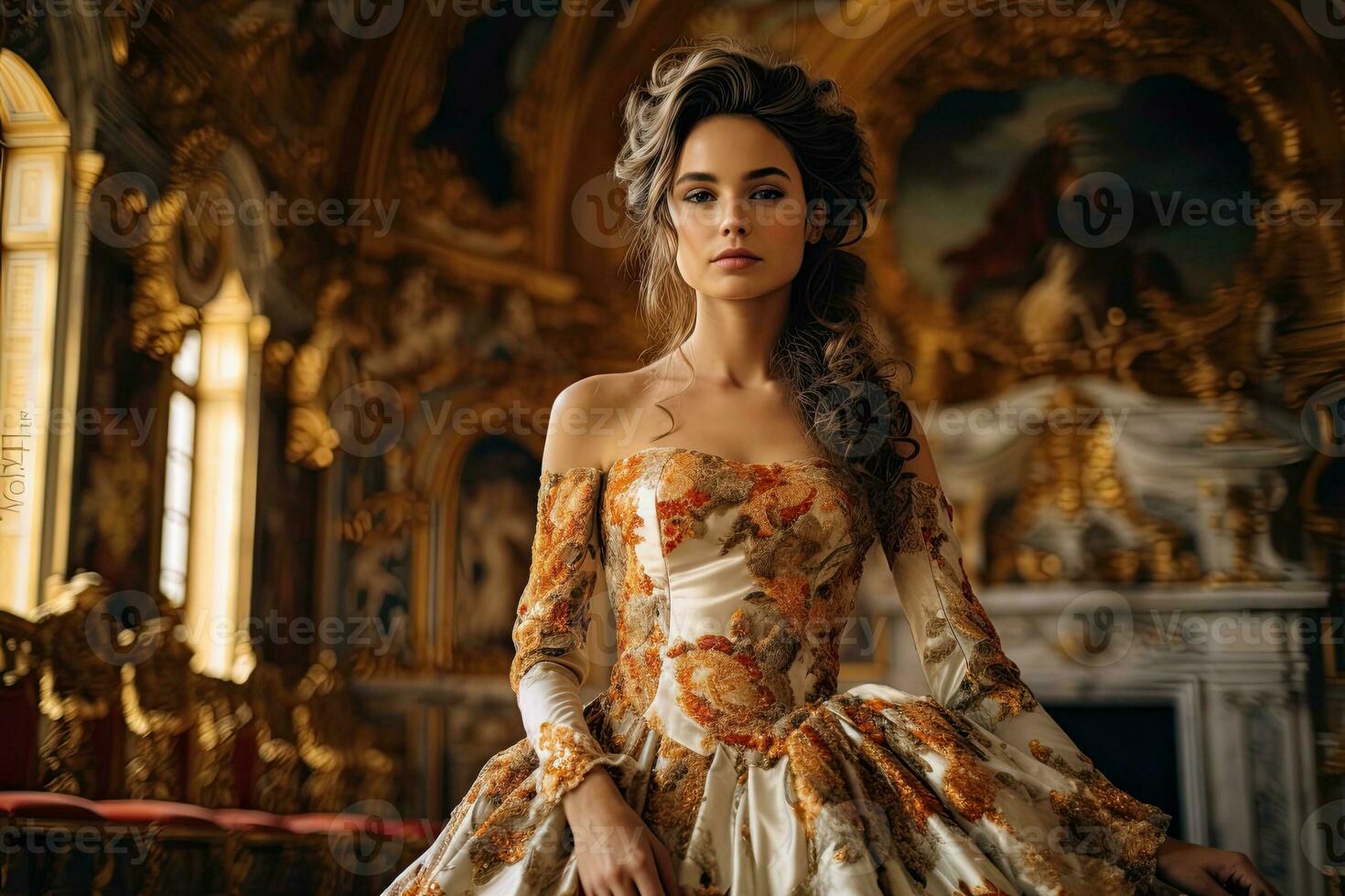 portrait magnifique femme dans le Château avec lumière exposition ai génératif photo