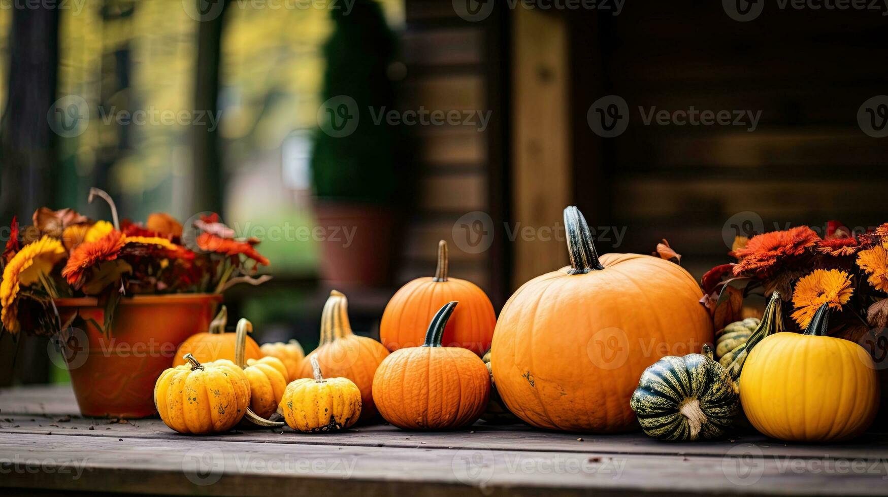 portrait citrouilles sur le en bois table ai génératif photo