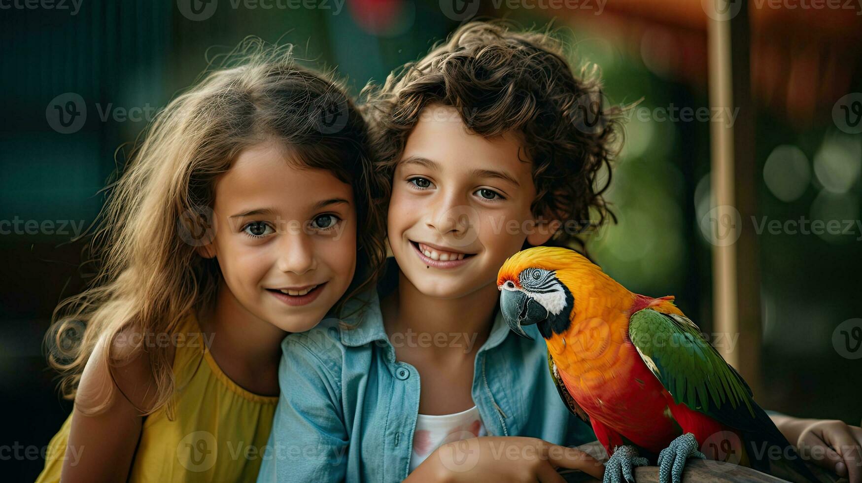 portrait des gamins avec perroquet dans le zoo avec lumière exposition ai génératif photo