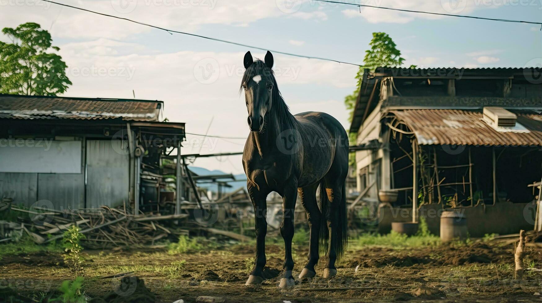 portrait cheval dans le ferme avec lumière exposition ai génératif photo