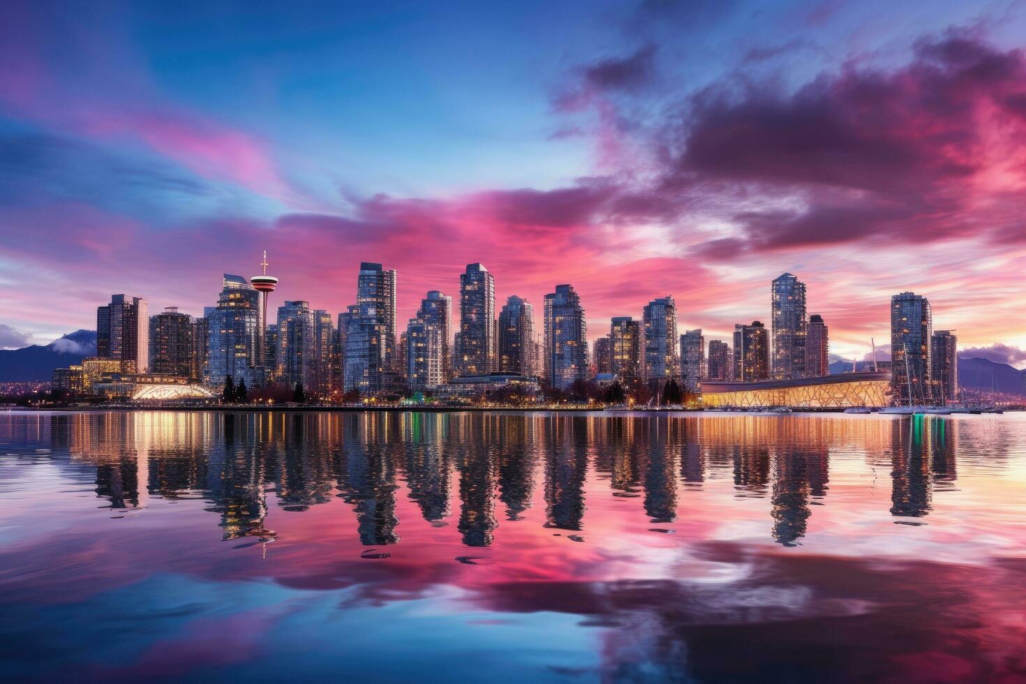 le coucher du soleil vue de le ville de Vancouver, Britanique Colombie, Canada, magnifique vue de centre ville Vancouver ligne d'horizon, Britanique Colombie, Canada, ai généré photo