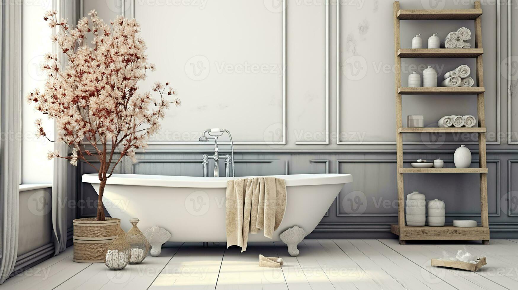 tranquille élégance, blanc salle de bains oasis orné avec Naturel décor accents. génératif ai photo