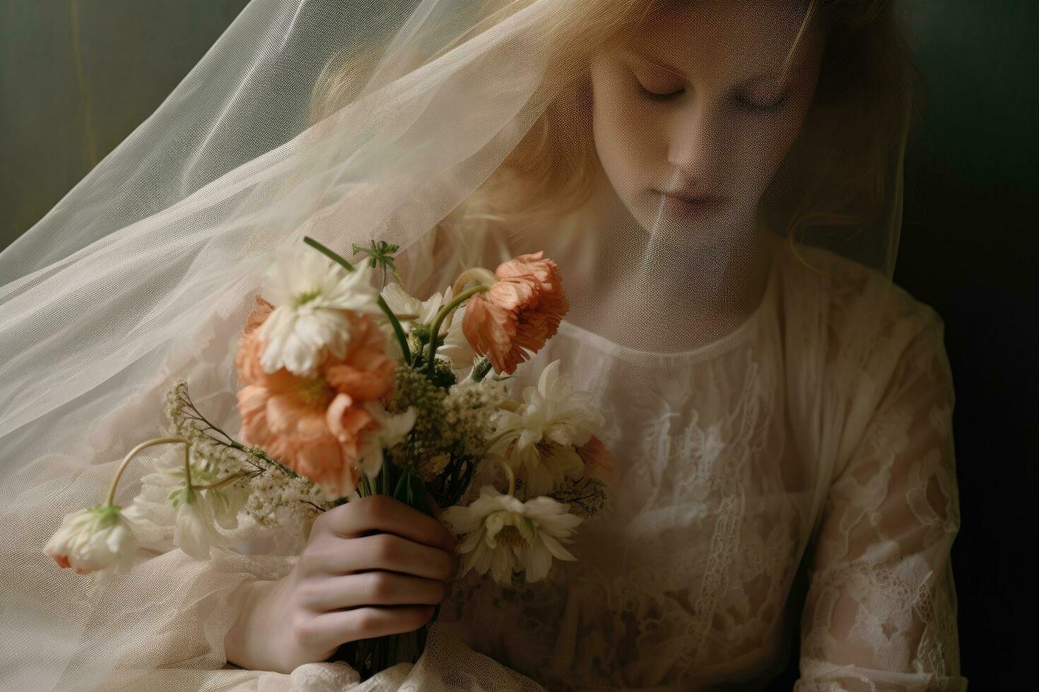 portrait de une magnifique fille avec une bouquet de fleurs, la mariée avec bouquet, fermer, ai généré photo