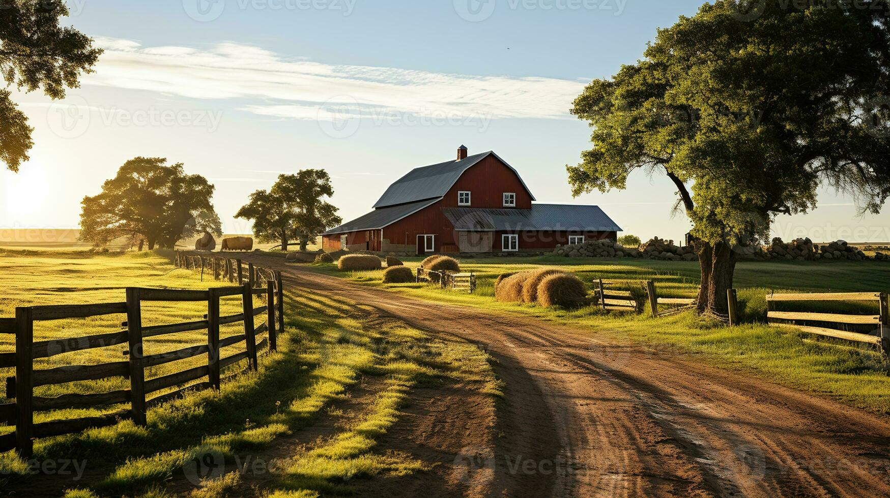 périple par rustique beauté, saleté route entre rustique granges sur une magnifique ferme photo