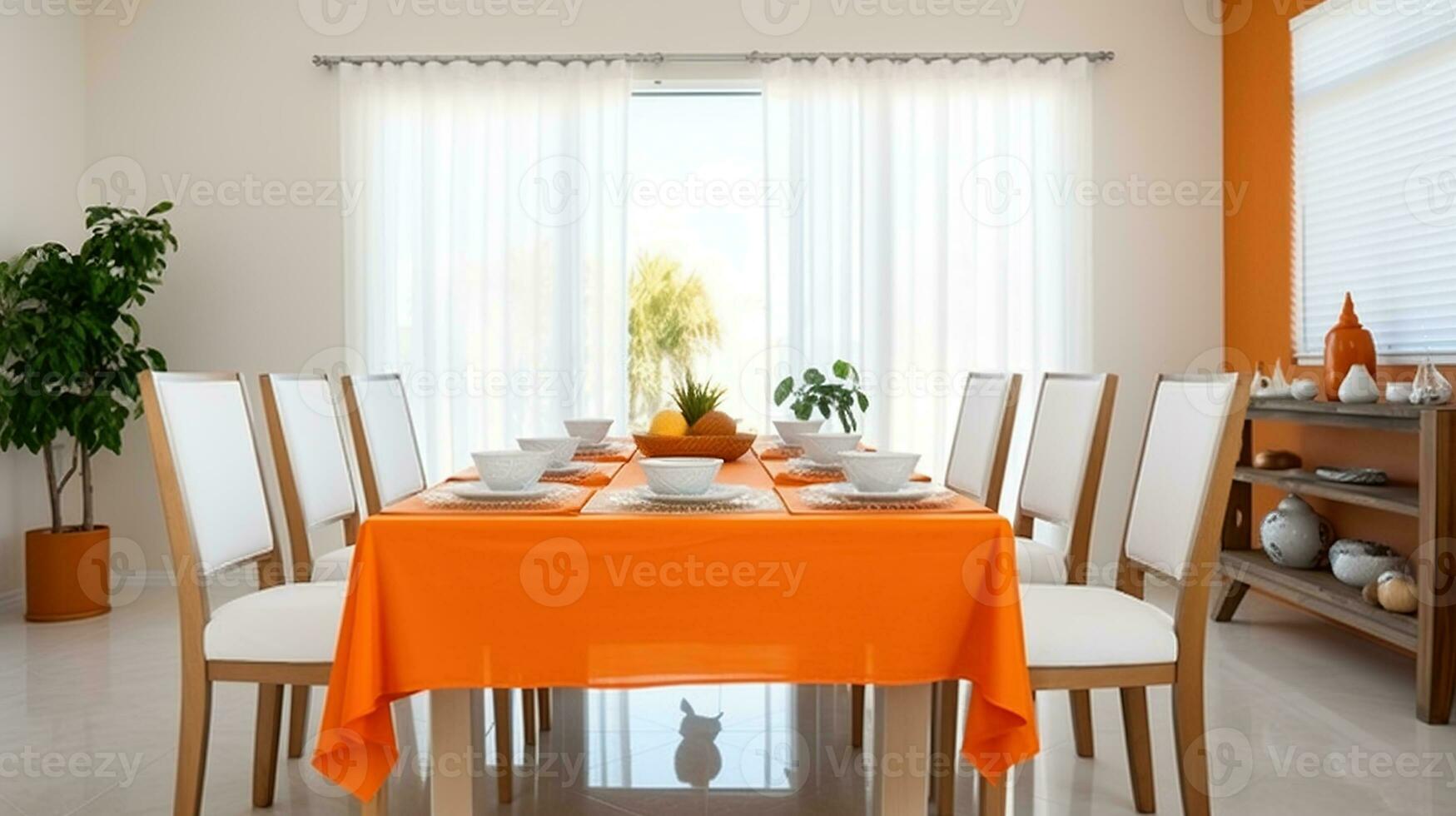 partagé des moments. blanc chaises encercler longue table drapé dans vibrant Orange photo