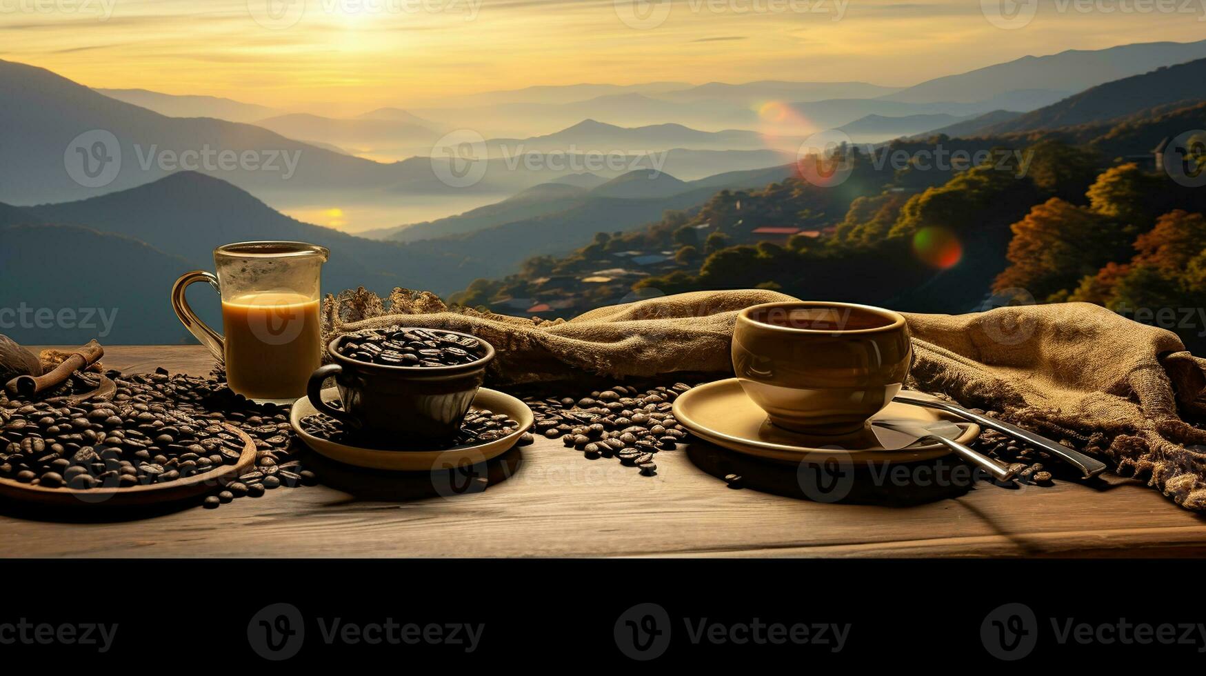 Matin brasser avec une voir, café tasses et café des haricots au milieu de Montagne majesté. génératif ai photo