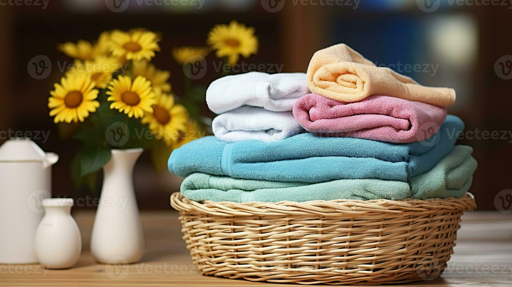 coloré serviette collection. une arc en ciel de les choix dans blanchisserie paniers. génératif ai photo