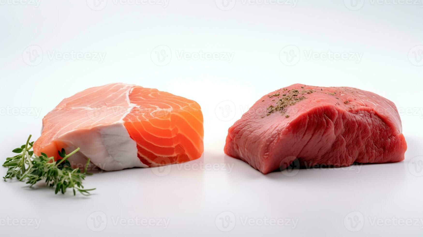 bœuf, saumon, et Frais légumes astucieusement arrangé sur une Vide blanc toile. génératif ai photo