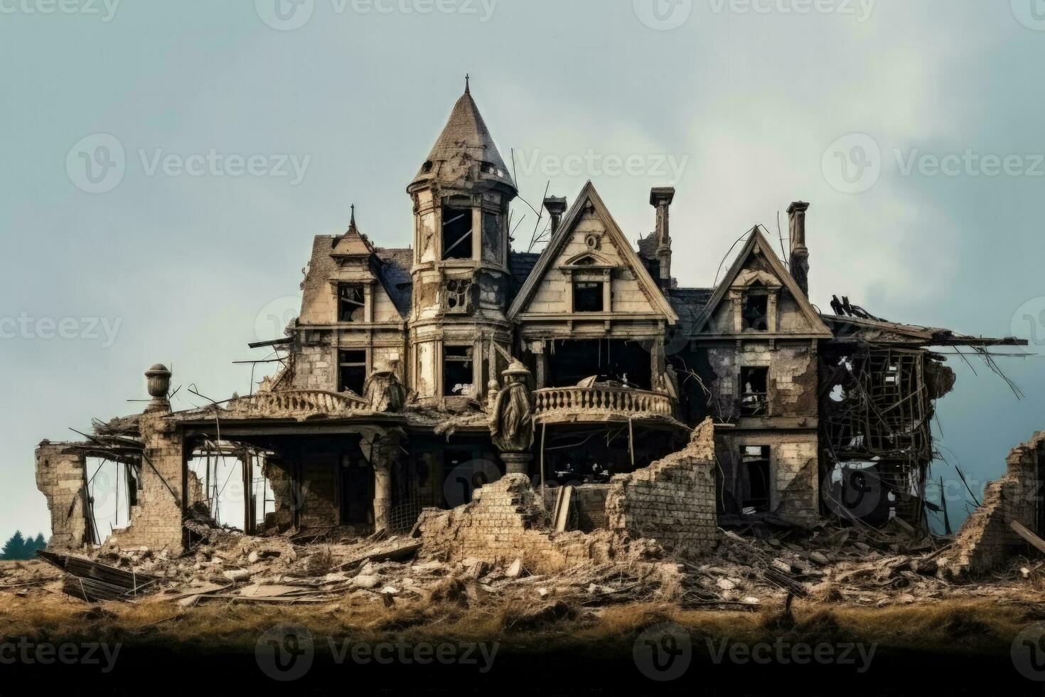 ancien manoir subissant de construction pourriture isolé sur une pente sombre Contexte photo