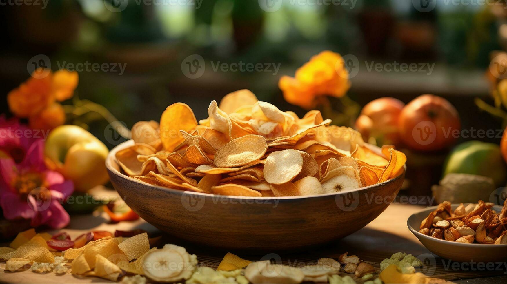 mixte séché fruit et légume frites dans une rond céramique plaque, en bonne santé en mangeant photo