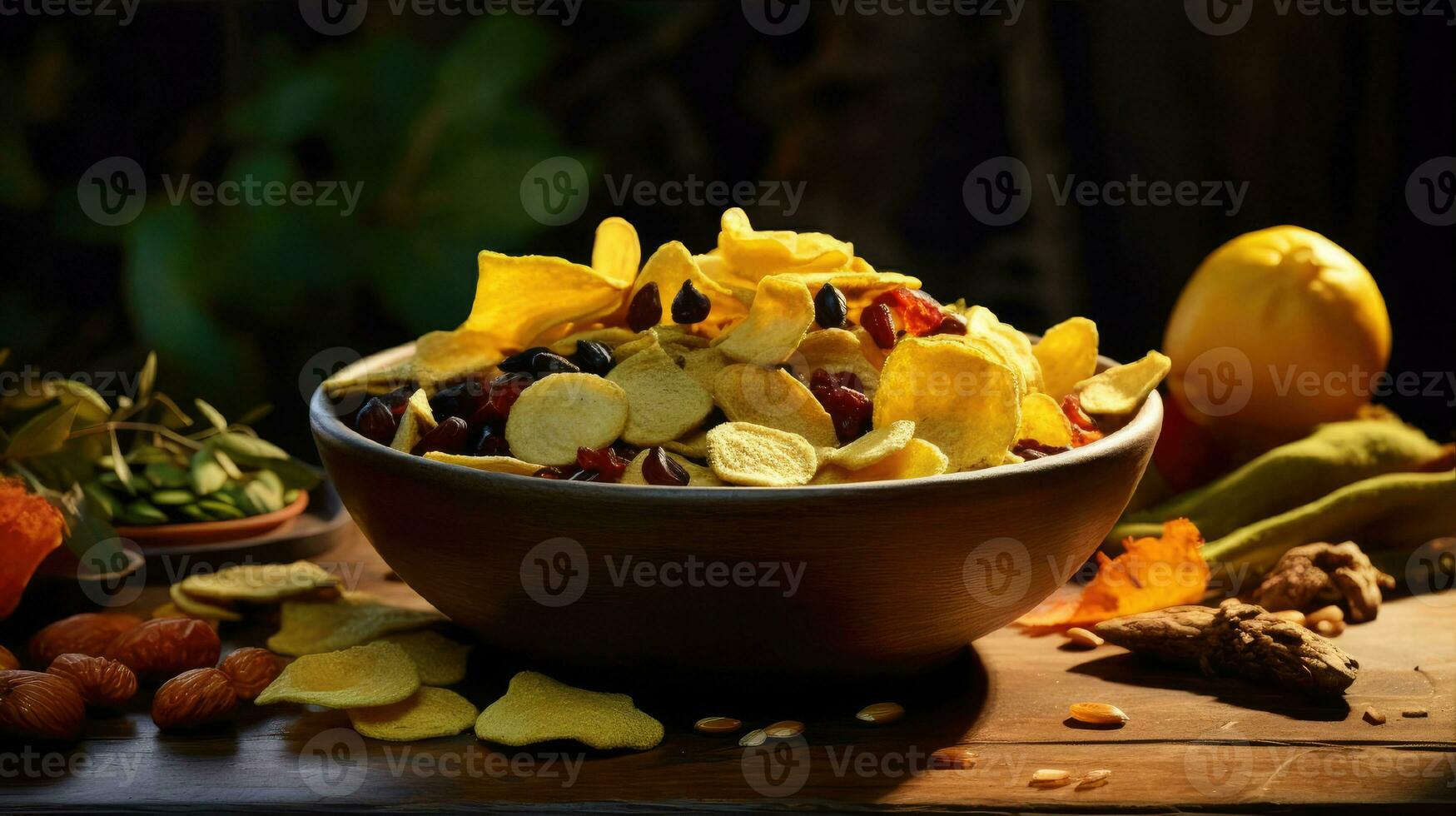mixte séché fruit et légume frites dans une rond céramique plaque, en bonne santé en mangeant photo