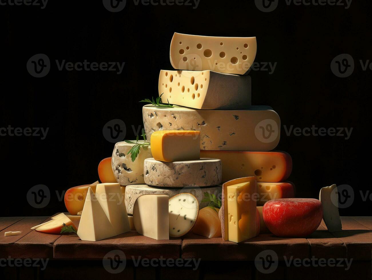 encore la vie montrant une variété de Suisse les fromages, tous les deux entier et découpé en tranches, astucieusement empilés contre une rustique foncé en bois Contexte. le les fromages viens dans une variété de textures, couleurs et formes photo