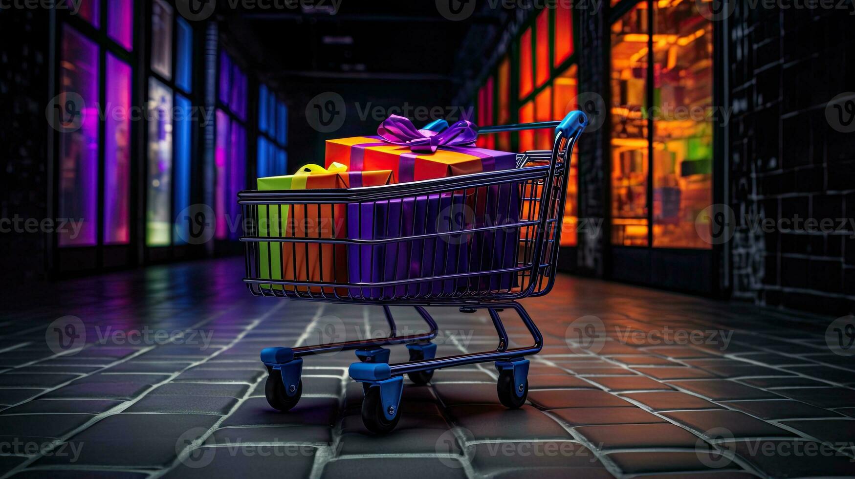 portrait achats Chariot avec cadeau des boites dans le supermarché ai génératif photo